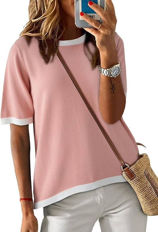 Dokotoo Womens Tops 2026 Casual Summer Crewneck Short Sleeve Striped Color Block Knit High Low Trendy Pullover Sweaters by Dokotoo