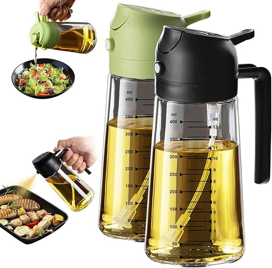 TrendPlain 16oz/470ml Glass Olive Oil Sprayer for Cooking – 2 in 1 Olive Oil Dispenser Bottle for Kitchen Gadgets and Air Fryer Accessories, Salad, BBQ - Black & Green by TrendPlain