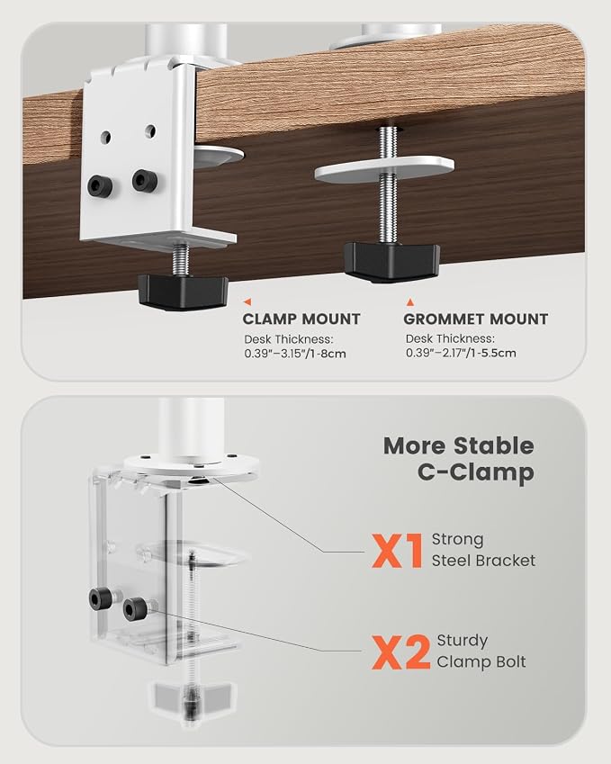 ErGear Fully Adjustable Dual Monitor Mount for 2 Screens up to 32 Inches, Holds up to 17.6 lbs Each Arm, Desk Stand, White - Image 6