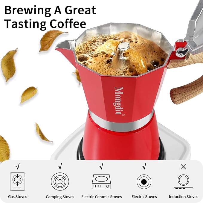 Mongdio Stovetop Espresso Maker Moka Pot, Cuban Coffee Maker Stove top coffee maker Moka Italian Espresso Greca Coffee Maker Brewer Percolator, 9 Espresso Cups, 15 oz - Red - Image 6