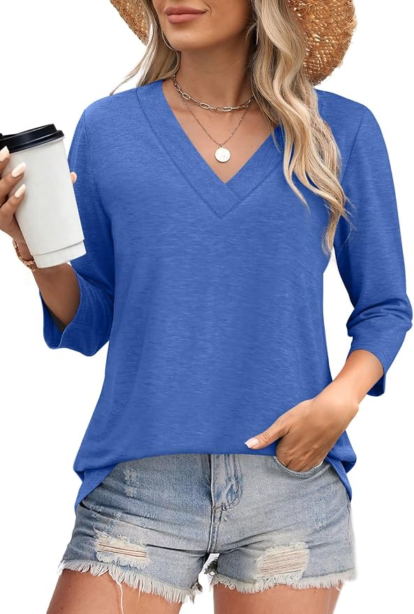 WIHOLL Womens Tops 3/4 Length Sleeve V Neck Casual Tunic Tops Basic Shirts Loose Fit Blouse - Image 2