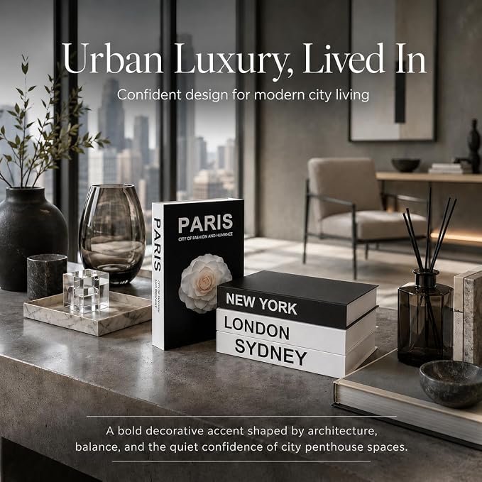 PROBENEX 4 Pcs Decorative Books | Faux Travel Coffee Table & Shelf Decor | Worldly Eclectic Look for Living Room, Office and Entryway - Not Real, Tool-Free 2-Min Setup - Image 5