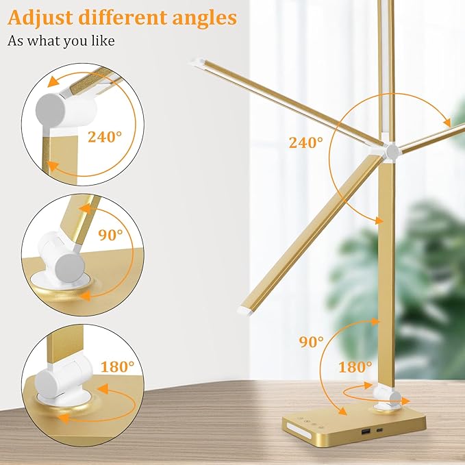 LED Desk Lamp with USB Ports,Touch Desk Lamps for Home Office with 5 Modes | 3 Brightness Desk Light with Small Night Light,Reading Lamp Table Lamp for Bedroom Bedside Study Gold （with adapter） - Image 6