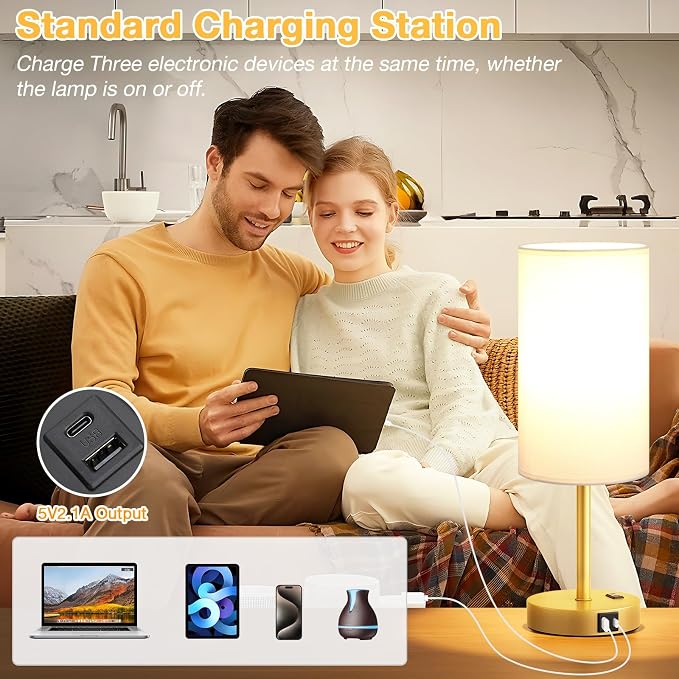 Dicoool 17.4" Bedside Lamp for Bedroom - Dimmable Touch, USB A+C, AC Outlet | LED Bulb Included, 3-Way Dimmable, 17.4" Table Lamp for Living Room, Dorm, White Fabric Lampshade, Gold Metal Base - Image 5