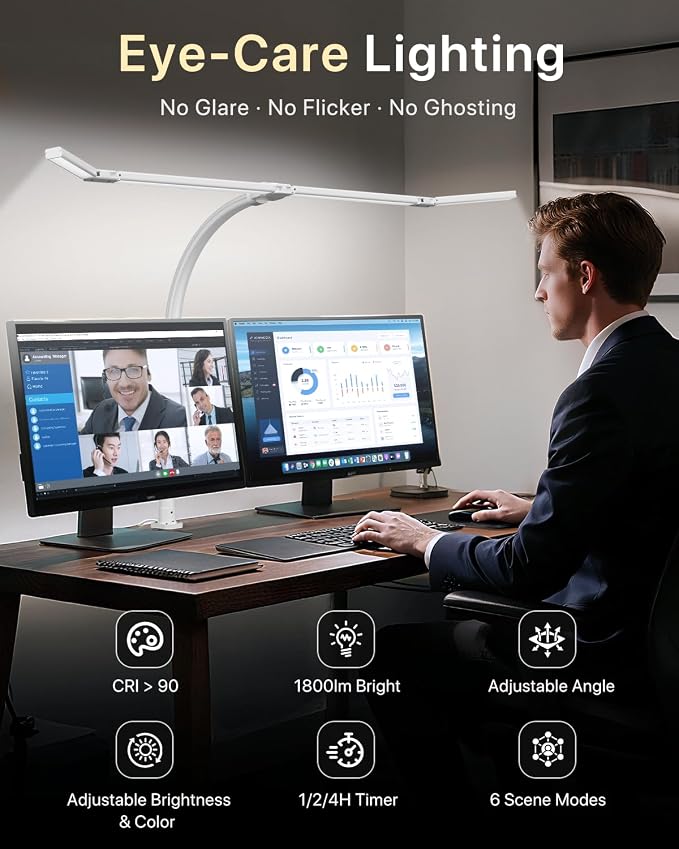 ONEMIX 42" LED Desk Lamp with Clamp, Architect Desk Light with Remote, Adjustable 4-Segment Bar, 1800LM Bright, Eye-Caring Desk Lamp for Home Office, Reading, Study, Dual Monitors, Workbench (White) - Image 8