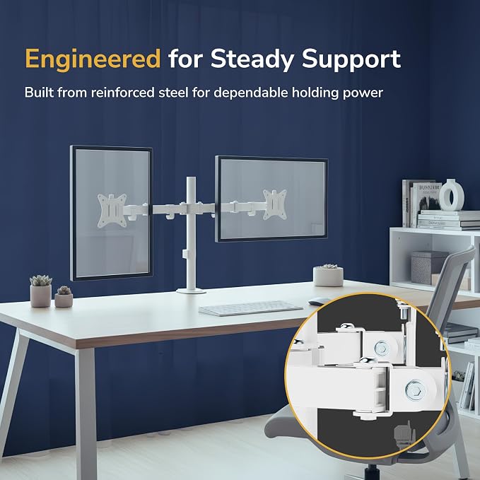 Mount-It Dual Monitor Arm for Desk, Full Motion Steel Mount 17-32 Inch | Holds up to 19.8 lbs per Arm, VESA 75x75 100x100, C-Clamp and Grommet Base, Cable Management, Height Adjustable, White - Image 3