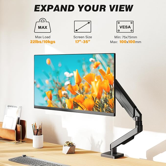 5Rcom Single Monitor Arm for 13-35 Inch Computer Screens | Fully Adjustable Heavy Duty Mount, Holds 22lbs, Fast Install, Cable Management, Black - Image 2