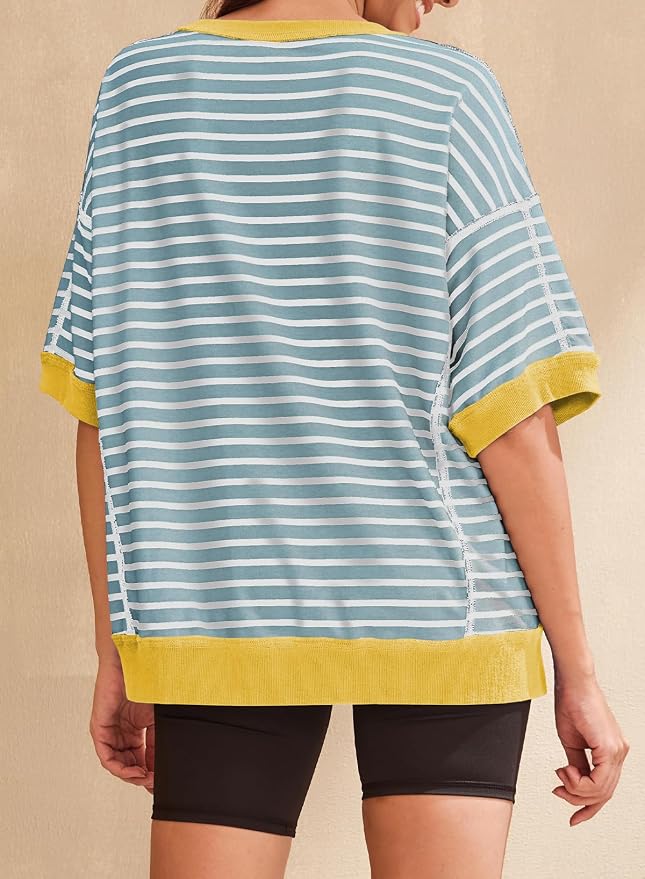 SHEWIN Womens Tops Casual Short Sleeve Sweatshirt Crewneck Striped Shirt Pullover T Shirts Loose Blouses - Image 4