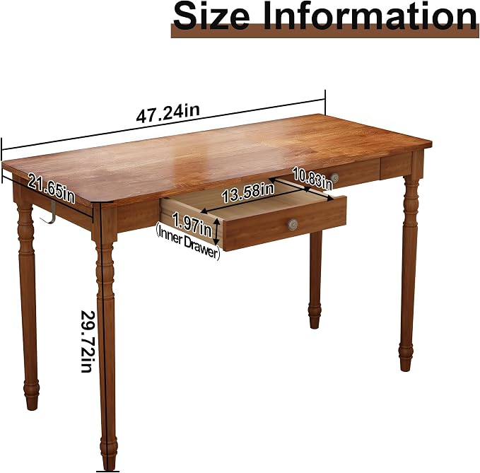 Vintage Solid Wood Writing Desk - 47.2" Mid Century Modern Desk with 2 Drawers, Wooden Computer Desks for Home Office, Large Secretary Desks, Traditional Vanity Dressing Table for Bedroom, Walnut - Image 2