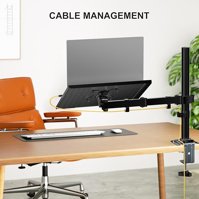 WALI Laptop Desk Mount for 17 inch Notebook, Adjustable Single Monitor Arm with Laptop Holder for 32 inch Screen, Laptops Stand with Ventilated Tray, Up to 22 lbs, (M00LP), Black - Image 4