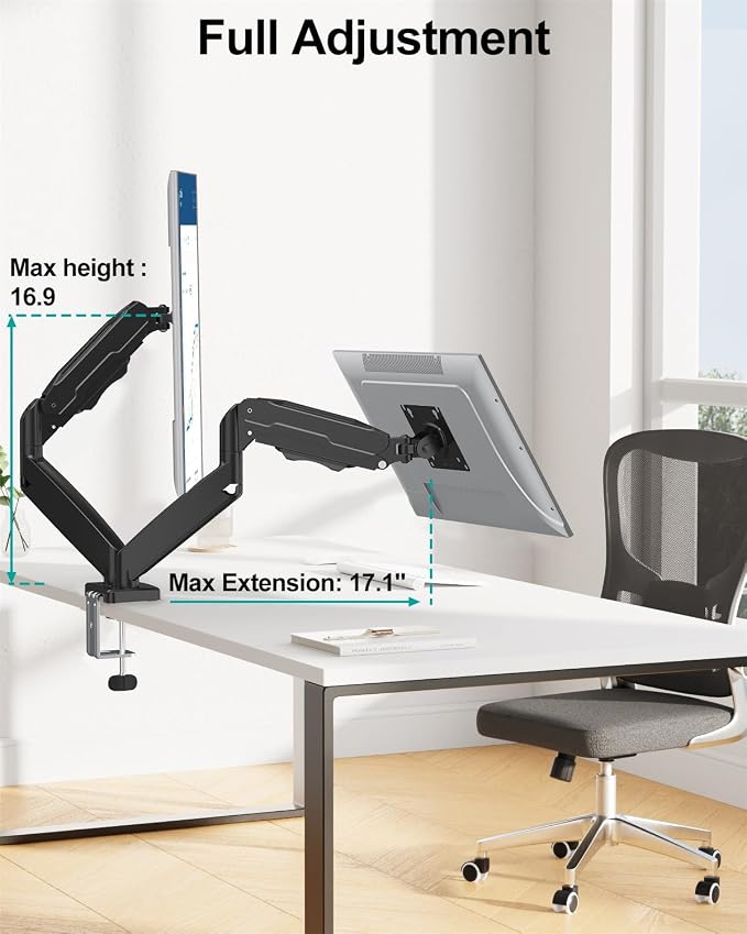 MOUNT PRO Dual Monitor Mount Fits 13 to 32 Inch Screen, Height Adjustable Monitor Stand for 2 Monitors, Full Motion Display Arm Holds up to 19.8lbs Each, Computer Desk VESA Mount, Black - Image 7