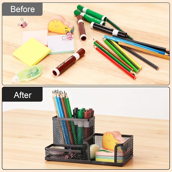 Comix Mesh Pen Holder, Desk Organizer for Home Office, Black | 3 Compartment Pencil Holder, Sticky Notes Holder, Pen Organizer Office Supplies - Image 4