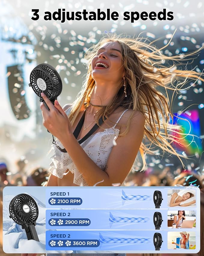 EasyAcc Handheld Fan Portable Rechargeable, Ultra Quiet &180° Foldable & Up 10 Hours & 3 Speeds Powered Personal Battery Foldable Adjustable Fan Home Travel Outdoor Office Black - Image 4