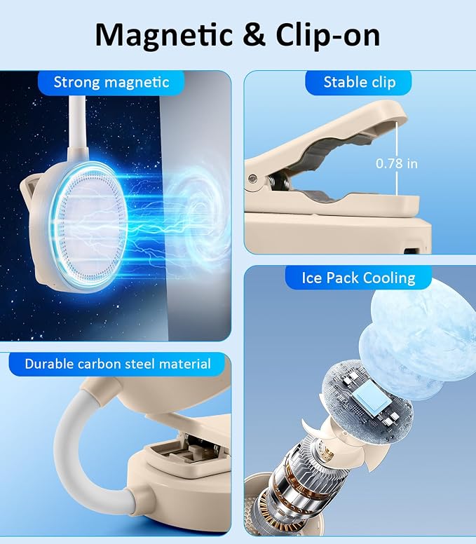 Magnetic Phone Fan with Ice Cooling, 3-in-1 Clip on Fan & Phone Stand, Rechargeable Mini Handheld Fan, 360° Flexible Gooseneck Portable Fan for Cruise Travel Desk Gym Makeup,（Beige） - Image 7