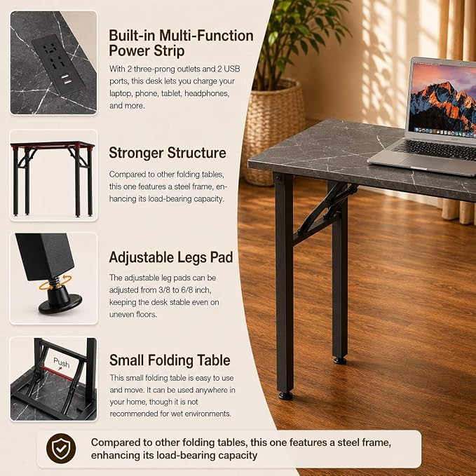 Folding Table Computer Desk - 35.8" No Assembly Folding Desk with Power Outlets & USB Charging Port, Small Desk, Foldable Office Desk, Compact Storage Portable Use for Small Space, Marble Greige - Image 8