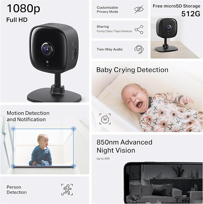 Tapo 1080P Indoor Wired Security Camera - Works as a Baby Monitor & Pet Camera, Motion Detection, 2-Way Audio, Siren, Night Vision, Subscription-Free Local Storage or Optional Cloud, C101(4-Pack) - Image 2
