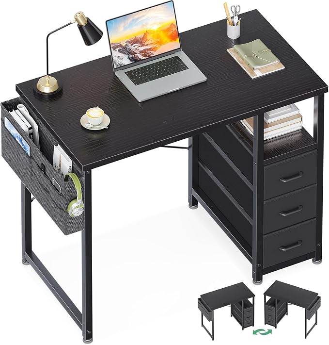 AODK 32 Inch Small Computer Desk with Fabric Drawers, Black | Mini Desk with Storage Shelf & Bag, Kids Study Desk for Bedroom, Home Office Desk for Small Space by AODK