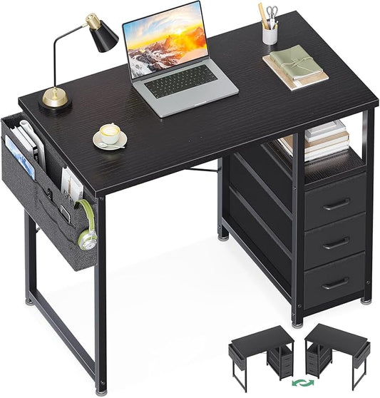 AODK 32 Inch Small Computer Desk with Fabric Drawers, Black | Mini Desk with Storage Shelf & Bag, Kids Study Desk for Bedroom, Home Office Desk for Small Space by AODK