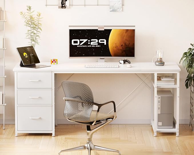 AODK 63 Inch Computer Desk with Drawers & USB Power Outlets | Reversible Home Office Desk with Storage Shelves, Work from Home, Modern Work/Writing/Study Table for Bedroom, White - Image 2