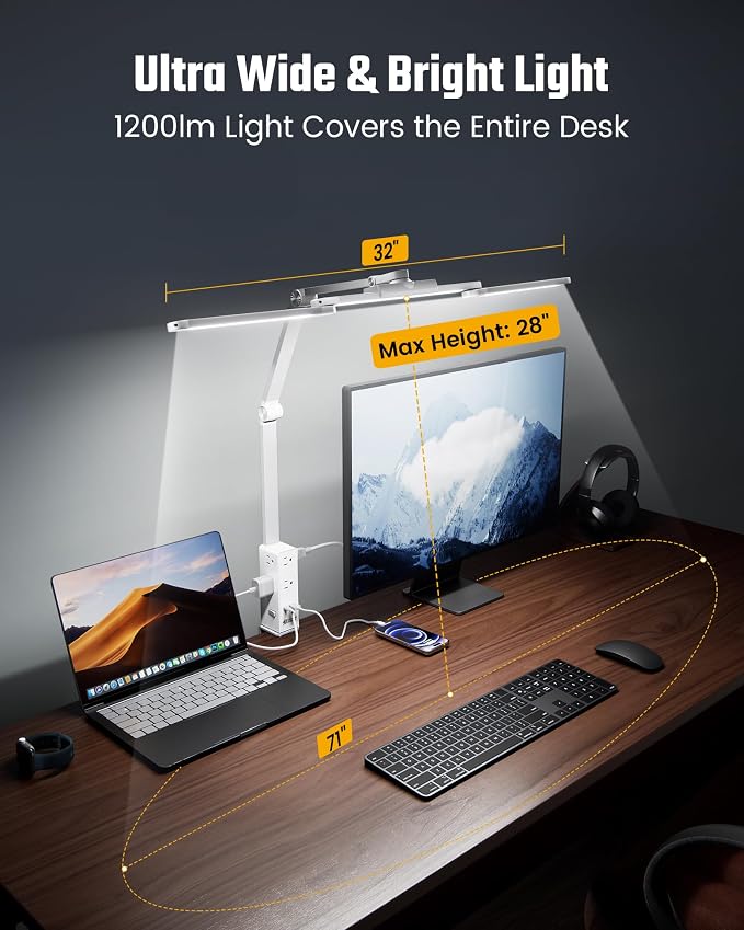 SUPERDANNY LED Desk Lamp with Power Strip (6 Outlets, 1 USB, 1 Type-C) for Home Office, Desk Light Computer Light with Clamp, Architect Desk Lamp with Smooth Dimming 5 Colors (White) - Image 4