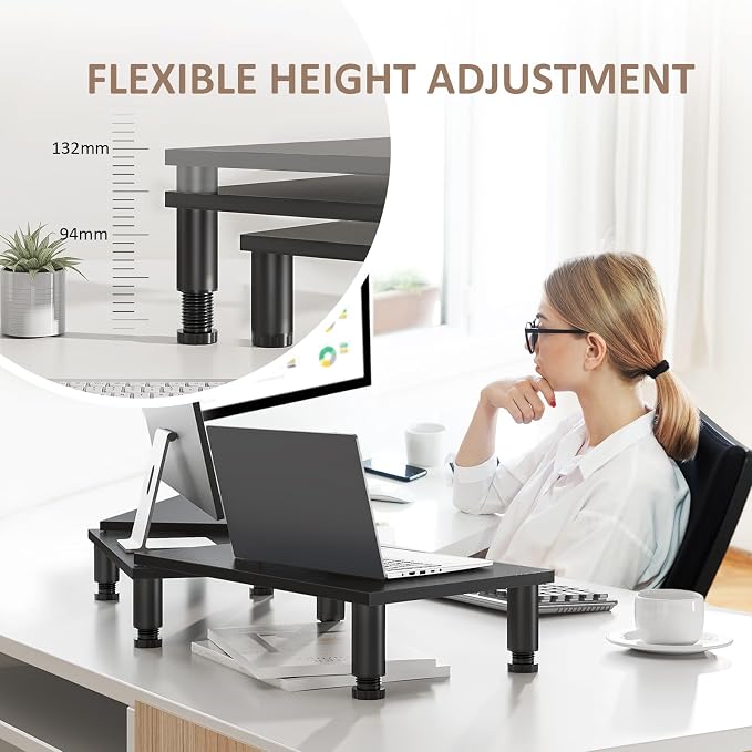 AX WABER Dual Monitor Stand Riser, Monitor Stand with Adjustable Height Steel leg, Wood Monitor Stand for Desk, Monitor Riser for 2 Monitors with Storage Space Black - Image 2