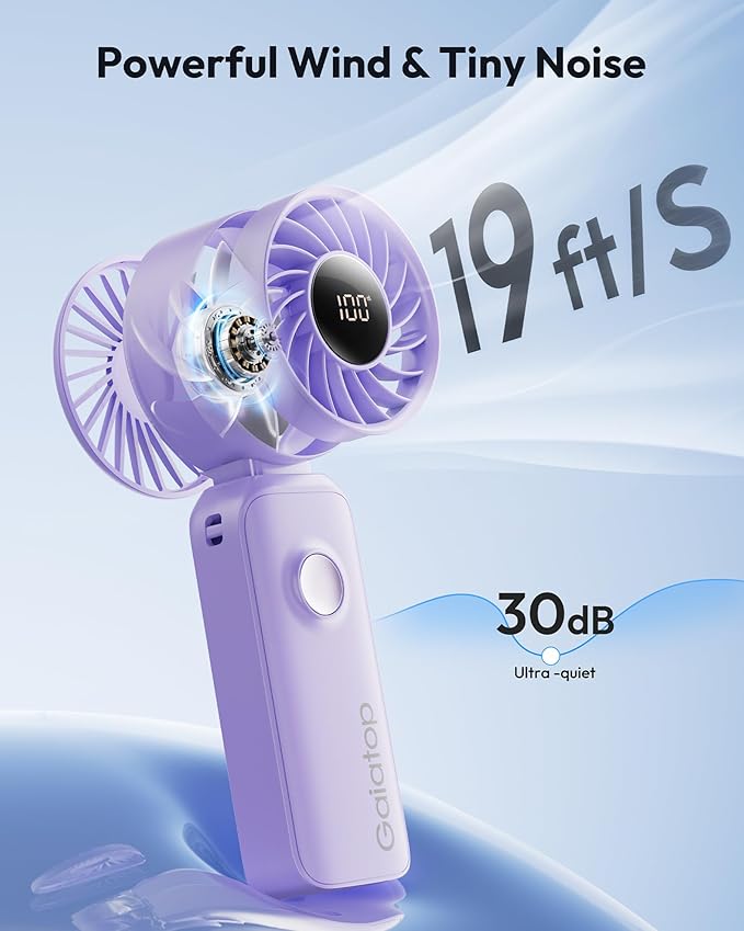 Gaiatop Portable Handheld Fan, 5 Speed Rechargeable Battery Max 18 Working Hours, 3 IN 1 Neck/Desk/Hand Fan Cooling for Travel, Beach, Women/Men Outdoor Activities Gifts - Purple - Image 3