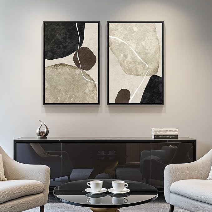 Framed Neutral Abstract Wall Art Set of 2, Modern Black Beige Brown Canvas Prints Paintings Artwork for Walls, Minimalist Stone Shape Pictures for Bedroom Dining Room Living Room Wall Decor 16x24 In - Image 4