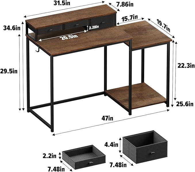 SINPAID 47 inch Computer Desk with Printer Shelf, Gaming Desk with Monitor Stand and Drawers, Reversible Home Office Desk with Storage Shelves and 2 Hooks, Home Workstation for Study Writing, Walnut - Image 2