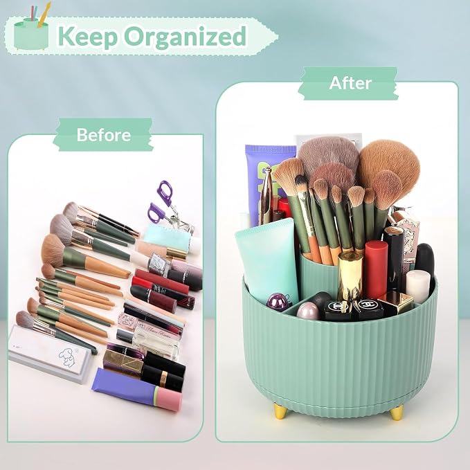SKYDUE 360 Degree Rotating Desk Organizer, Dual-Purpose Pencil Pen Holder for Desktop, Rotating Desk Pen Organizer with 5 Slots, Pencil Cup for School, Home, Office Supplies (Bean Green) - Image 4
