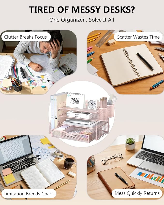 WALI Desk File Organizer, 4 Tier Desktop Paper Letter Tray Organizer with Drawer and 2 Pen Holders, Office Desk Accessories & Workspace Organizers for Office, Home Supplies(DO005DH-P), 1 Pack, Pink - Image 3