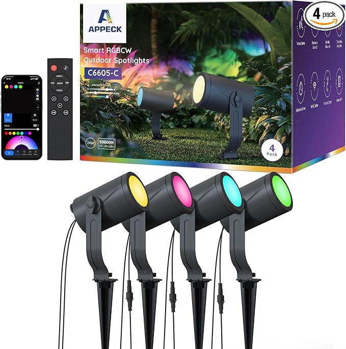 APPECK Smart Landscape Lighting Kit 24W, 4 Pack Outdoor Spot Lights RGBCW | Color Changing Landscape Lights, IP65 Waterproof, 2700-6500K, for Garden Pathway Yard, Daily Holiday Decor, Alexa Compatible by APPECK