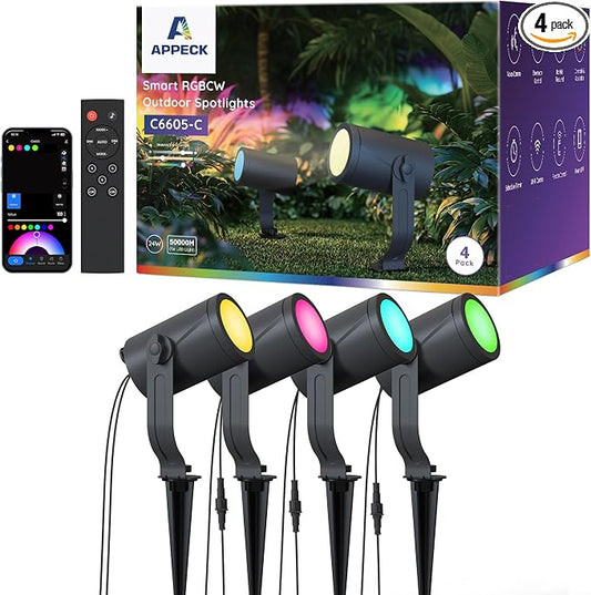 APPECK Smart Landscape Lighting Kit 24W, 4 Pack Outdoor Spot Lights RGBCW | Color Changing Landscape Lights, IP65 Waterproof, 2700-6500K, for Garden Pathway Yard, Daily Holiday Decor, Alexa Compatible by APPECK