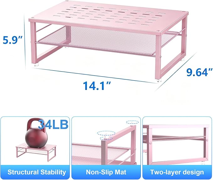 Gianotter 2-Tier Metal Monitor Stand Riser, Workspace Organizer with Desk Accessories, Office Storage for Supplies (Pink) - Image 5