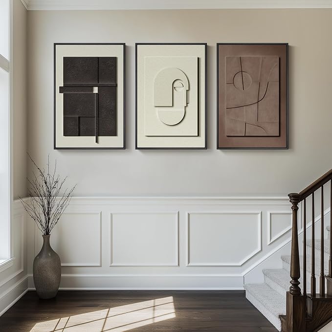 3D Textured Framed Abstract Wall Art, 3 Piece Modern Paintings Artwork for Walls, Black White Brown Geometric Sandstone Texture Pictures for Living Room Dining Room Bedroom Office Wall Decor 16x24 In - Image 4
