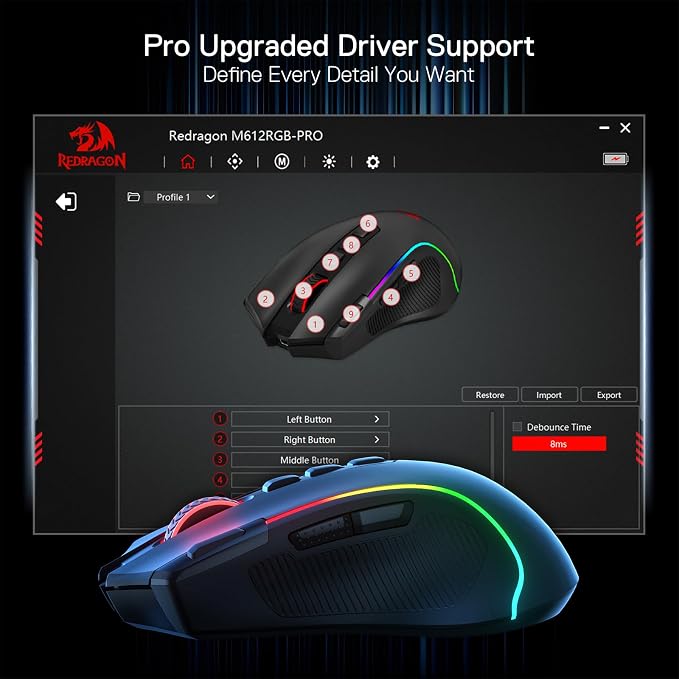 Redragon M612 Wireless RGB Optical Gaming Mouse 8000 DPI Remapping Keys | Cable-Free 0 Delay, Redefine Keybinding Macro, Vibing Backlight, Ergonomic Grip Body Comfort - Image 8