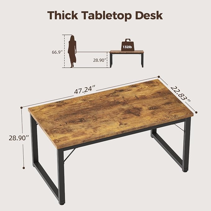Mericonia 48 Inch Computer Desk, 1" Thick Small Office Table, Brown | Modern Simple Style, Heavy Duty Industrial Frame, Small Study & Writing Table for Home Bedroom Work - Image 2