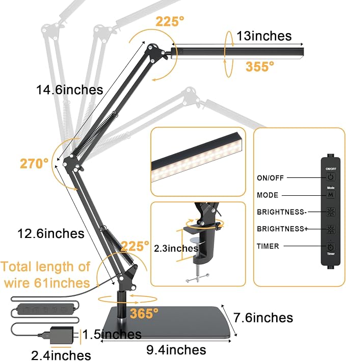 TROPICALTREE LED Desk Lamp for Home Office and Round Base, Clamp-On with 5 Light Modes & Auto Shut Off | 14W Adjustable Brightness 5000K Eye-Caring Lighting for Study/Bedroom/Computer Desk - Image 5
