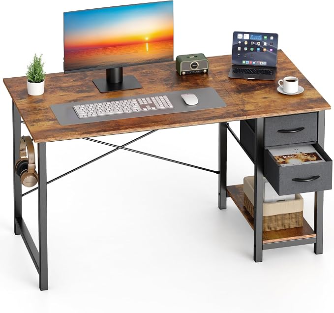 Sweetcrispy 40-Inch Computer Desk with Drawers, Office Desk, Brown | Small Desk for Bedroom Home Office with Side Hook, Modern Simple desk with storage for Writing by Sweetcrispy