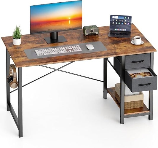 Sweetcrispy 40-Inch Computer Desk with Drawers, Office Desk, Brown | Small Desk for Bedroom Home Office with Side Hook, Modern Simple desk with storage for Writing by Sweetcrispy