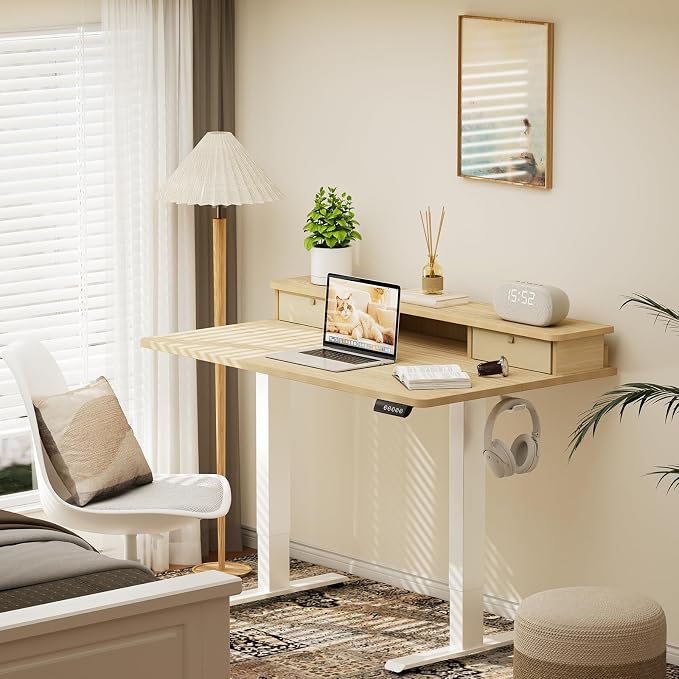 Veken 47x28 in Electric Standing Desk with Drawers, Adjustable Table, Wood | Stand up Computer Desk for Home Office, Work & Study, with Storage, 3 Memory Presets, Cable Organizer, Hook, and Quiet Lift. - Image 2