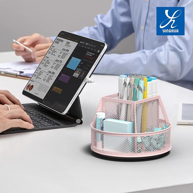 YINGHUA Metal Mesh Desk Organizer with 5 Compartments and Rotating Pencil Holder Pen and Stationery Organizer for Office Home School Anti Slip Base Pink - Image 6