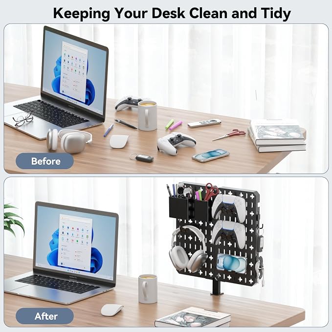 KDD 7 in 1 Clamp-on Desk Pegboard - No Drill Desk Side Storage with Phone Stand/Pen Holder/Storage Box/Headset & Controller Holder/Hooks, Detachable Gaming Pegboard for Office & Home Desktop Organizer - Image 7