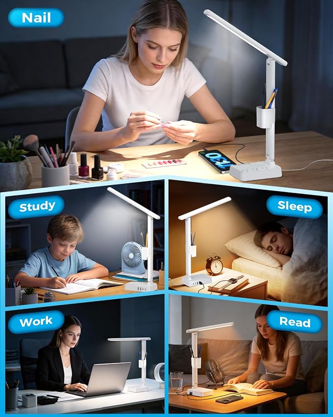 LED Desk Lamp with Power Strip, 3 AC Outlets & 4 USB Ports (2 USB-C), Stepless Dimming&2800K-6500K Eye-Caring Desk Light, Foldable Table Lamp with 10FT Cord for Home Office, Dorm Room Essentials White - Image 8