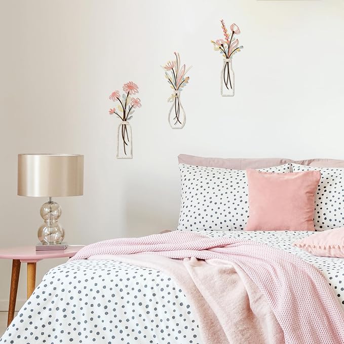 Pigort 3 Pieces Metal Flowers Wall Arts - Rustic Farmhouse Style Décor Metal Wall Art Black Minimalist Flower Natural Themed Wall Decors for Home Bedroom Dining Room Housewarming (Pink Beige) - Image 6