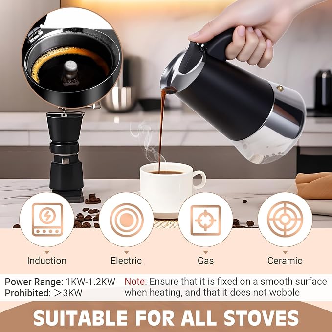 6 Cup Stainless Steel Moka Pot, 300ml Stovetop Espresso Maker, Black - Image 5