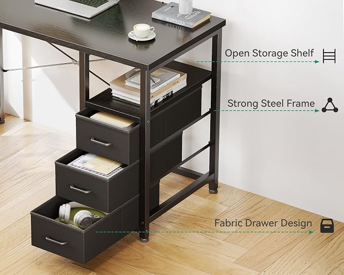 AODK 32 Inch Small Computer Desk with Fabric Drawers, Black | Mini Desk with Storage Shelf & Bag, Kids Study Desk for Bedroom, Home Office Desk for Small Space - Image 4