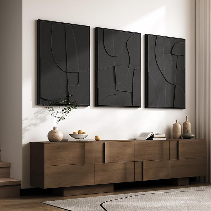 Large 3D Textured Framed Black Abstract Wall Art for Living Room, 3 piece Modern Minimalist Geometric Texture Artwork for Walls, Sandstone Art Pictures for Bedroom Hallway Office Wall Decor 24x36 In - Image 2