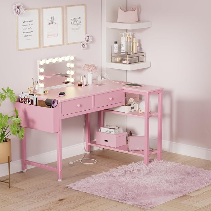 DLisiting Pink Reversible L Shaped Desk with Drawers and Shelves, Small Kids Study Vanity PC Computer Desk with Storage for Girls, Corner L-Shaped Desks for Small Space Bedroom - Image 5