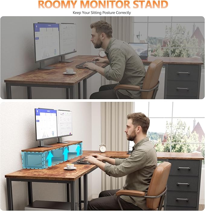 Korfile 66 inch L Shaped Computer Desk with Power Outlets, Rustic Brown | Ideal for Home Office, Bedroom, Corner, 4 Adjustable Storage Drawers, 2 Monitor Stands, Reversible, Two Person Gaming Table - Image 6