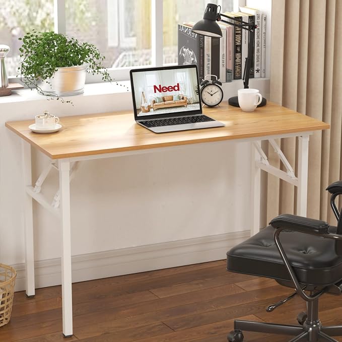 Need Office Computer Desk 47.2x23.6 in Sturdy Folding Laptop Table Teak | White Frame Writing Gaming Work Table/Foldable Home Office Desk/Sewing Table, No Assembly Required - Image 6